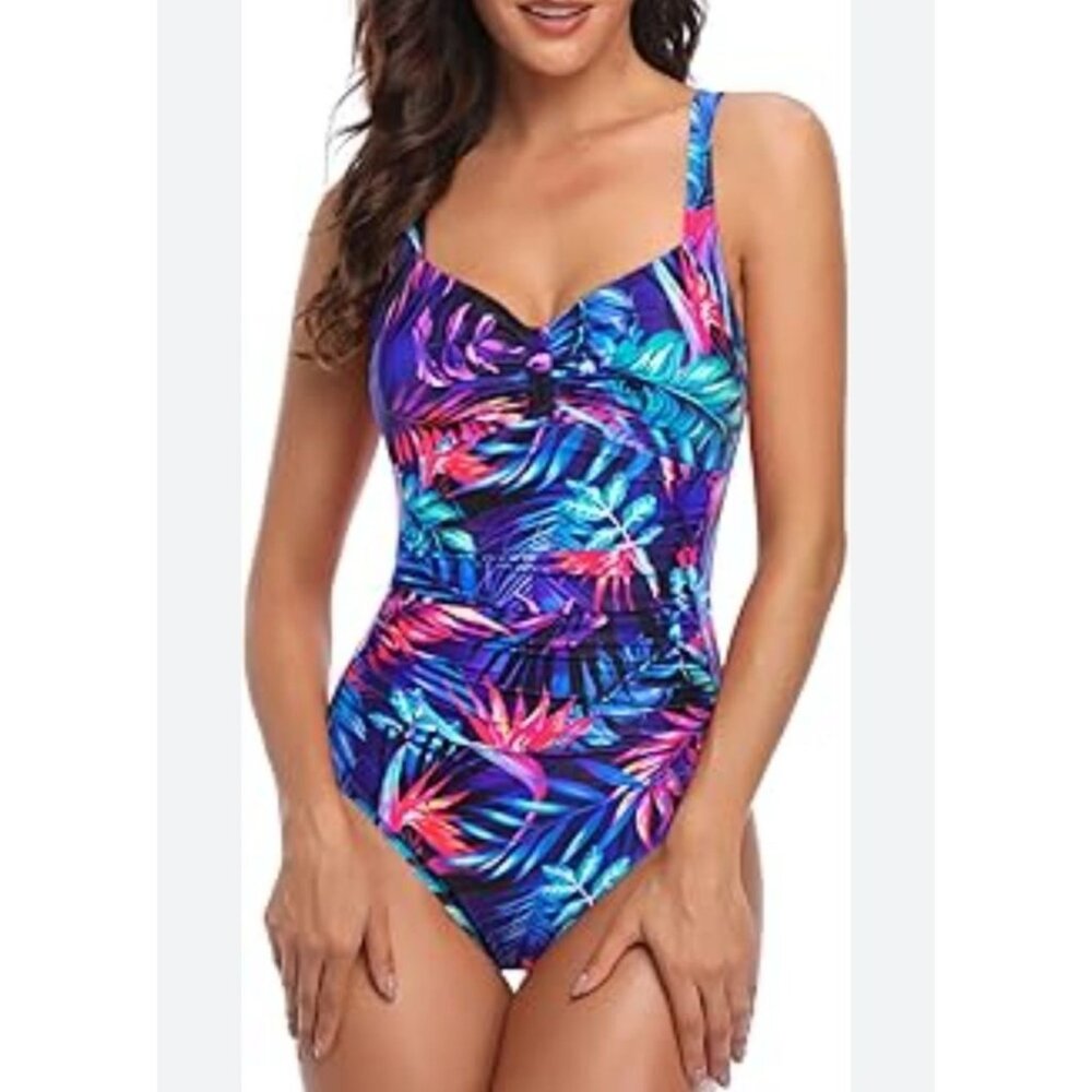 Womens Large Tropical Print One-Piece Swimsuit Adjustable Strap Ruched Detailing